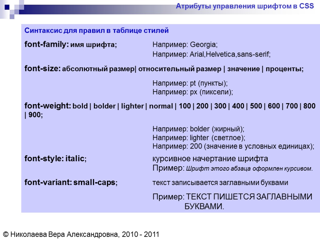 Атрибуты управления шрифтом в CSS © Николаева Вера Александровна, 2010 - 2011 Синтаксис для